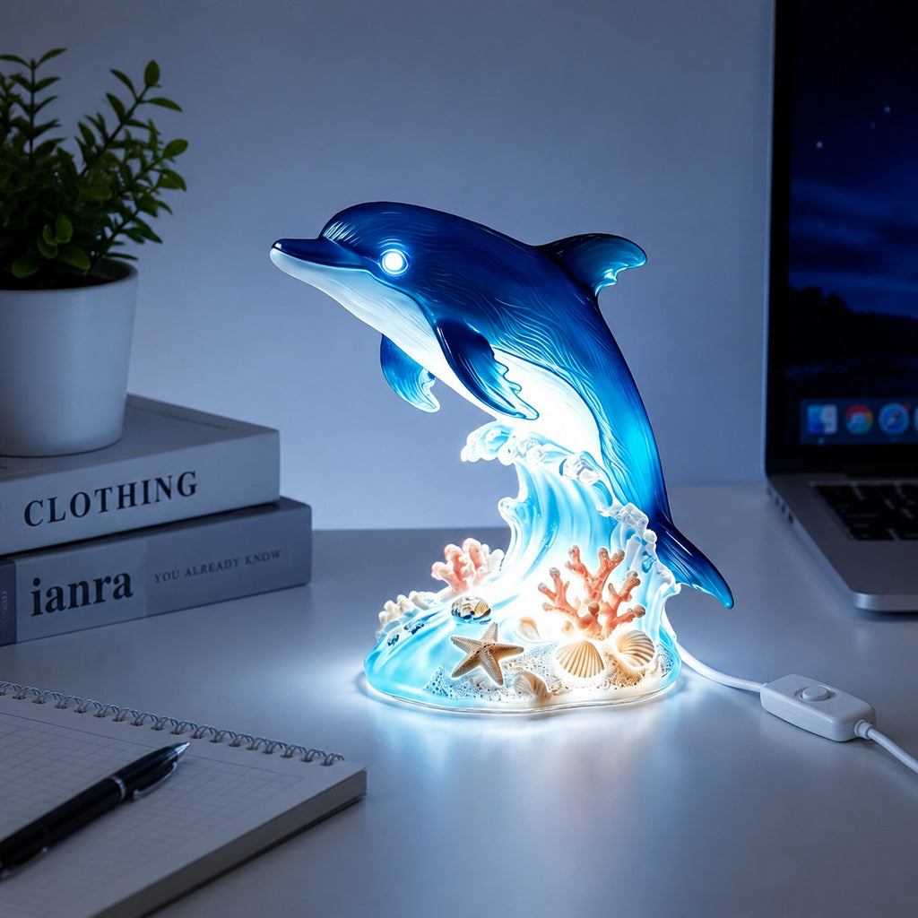 مصباح دولفين ليلي LED بقاعدة مرجانية – إضاءة USB ديكورية