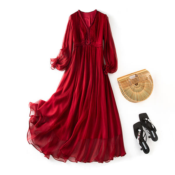 فستان نسائي طويل من الحرير الطبيعي بياقة V وأكمام طويلة وقصة خصر متوسطة