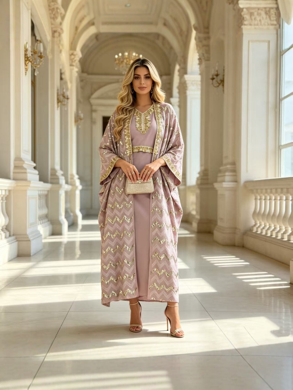 طقم سهرة نسائي من قطعتين كارديجان وروب طويل بتطريزات فاخرة بالخرز والترتر وأكمام خفاش واسعة – لونان