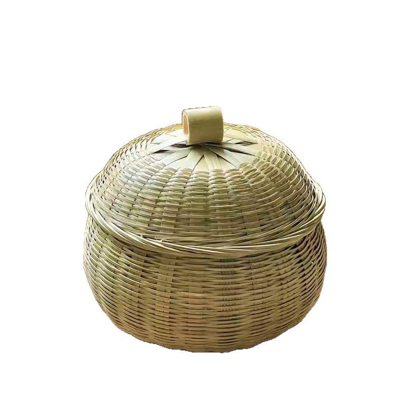 سلة تخزين بامبو يدوية الصنع بغطاء بتصميم شكل قرع العسل لحفظ الشاي والبيض والوجبات الخفيفة