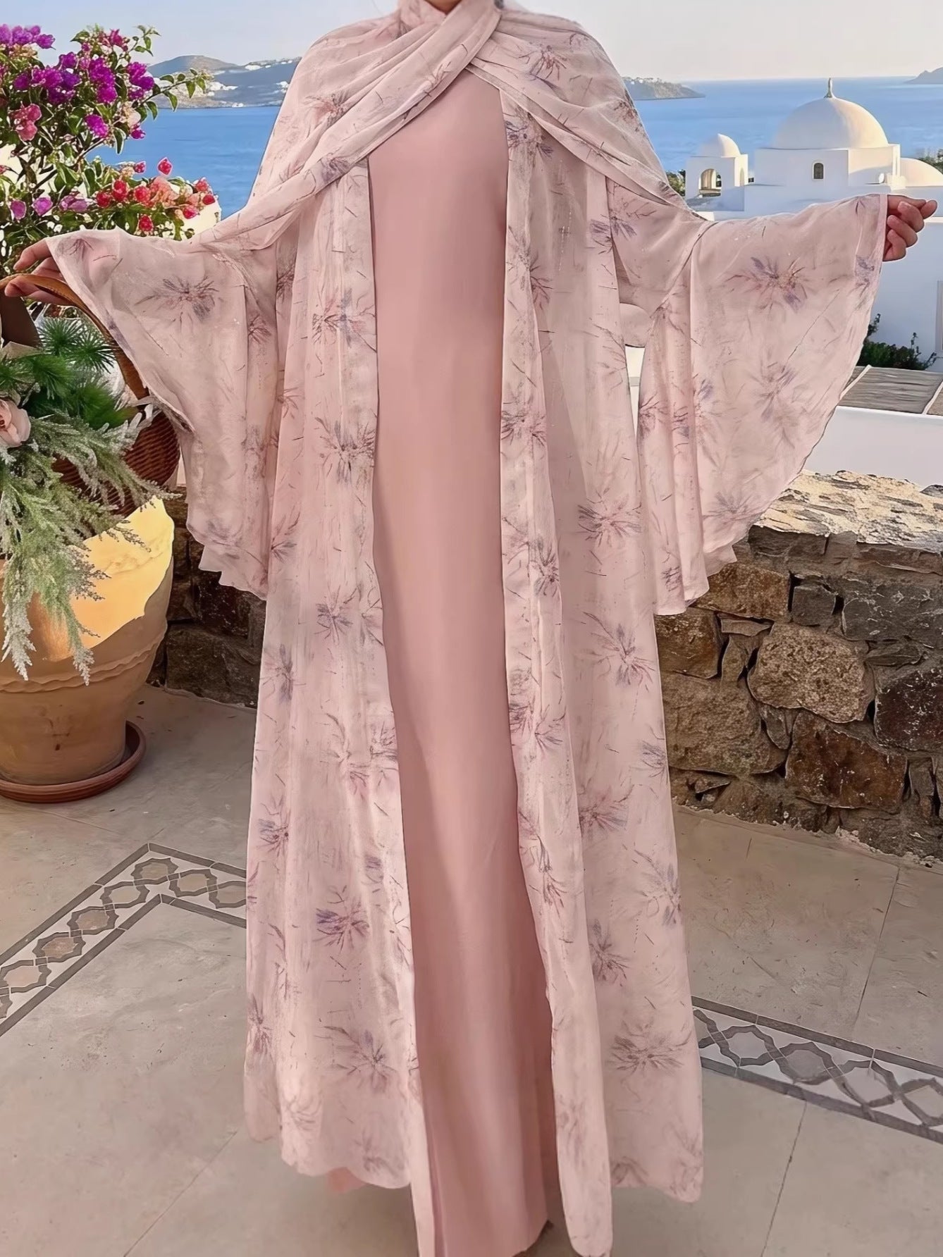 طقم عباية نسائية شيفون 3 قطع بنقشة زهور — MI-44251695