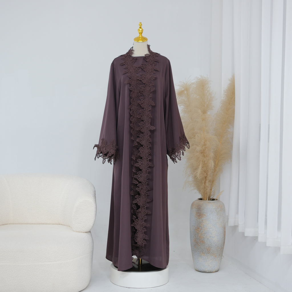 طقم نسائي قطعتين كارديجان طويل وفستان داخلي بتفاصيل دانتيل — MI-54295343