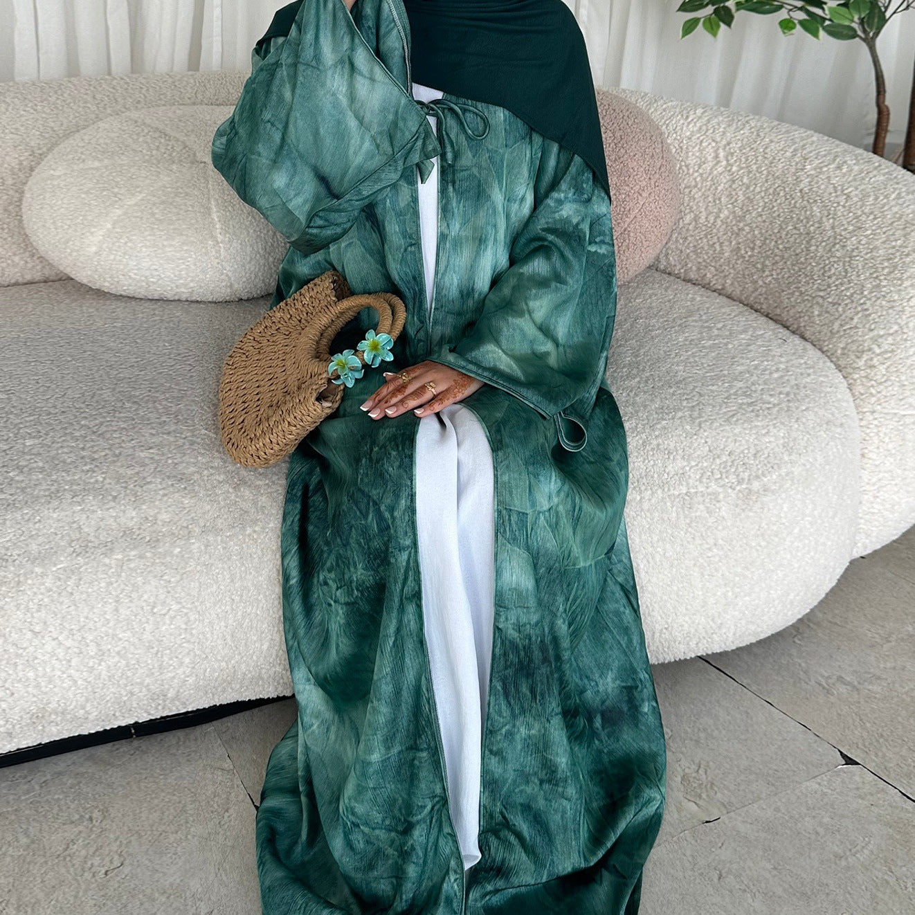 عباية نسائية كارديجان طويلة برباط خصر ونقشة مطبوعة — MI-91724591
