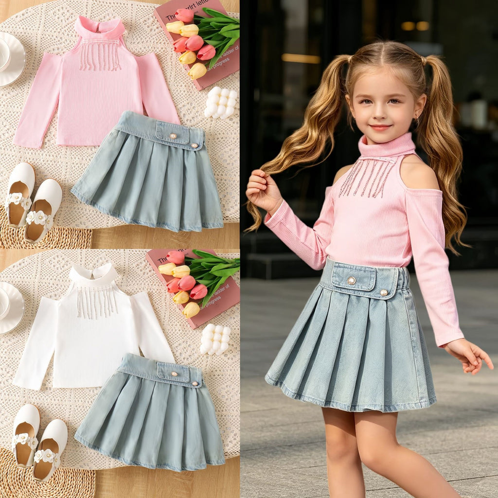 طقم صيفي راقي للبنات مكون من قطعتين (بلوزة مكشوفة الكتفين بأكمام طويلة وتنورة