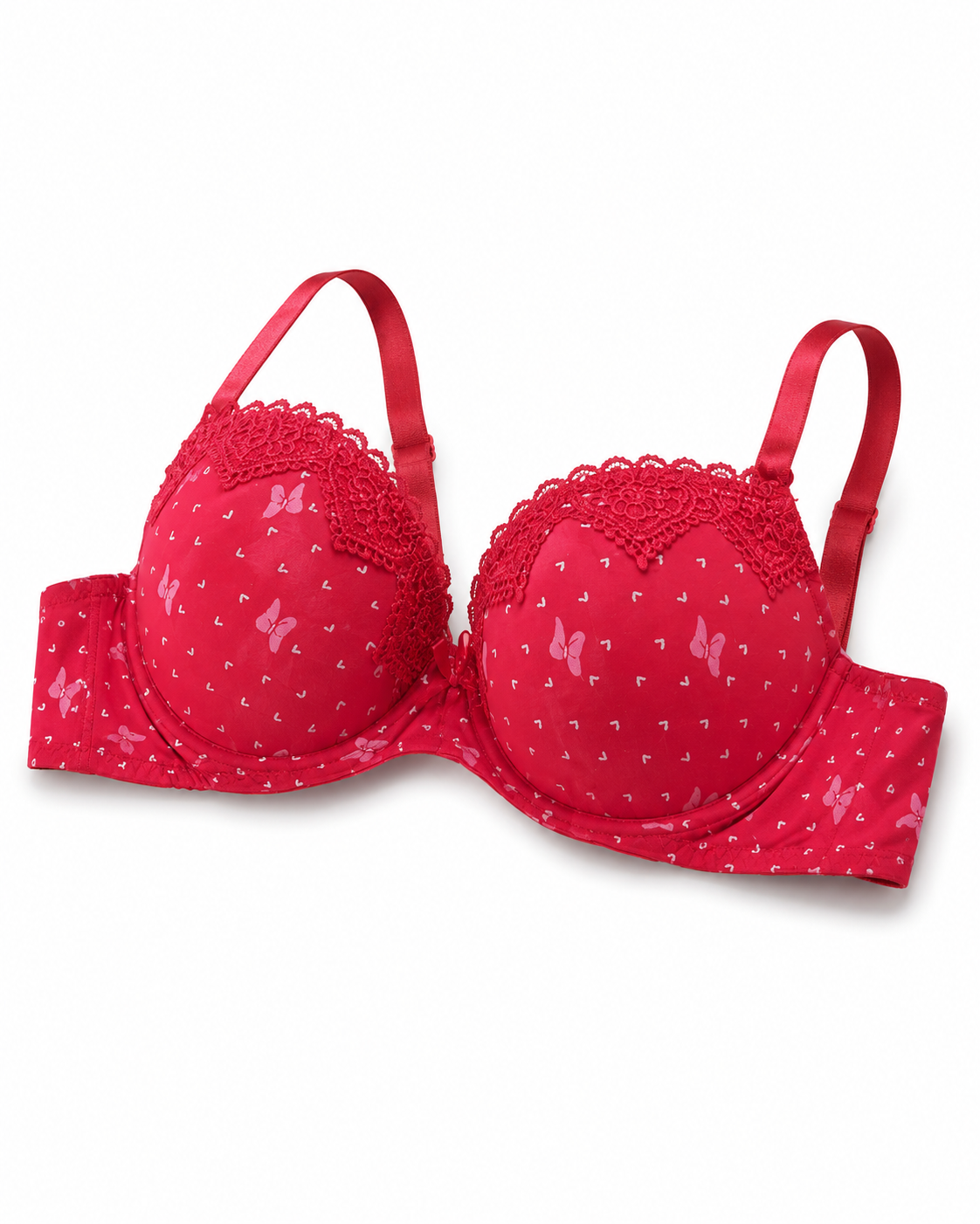 Padded Bra with Lace Detail, Butterfly Print, Adjustable Straps | Hook Back Closure, Lace Cup Trim, Butterfly Print Design, Daily Wear, Girls & Women – صورة 1