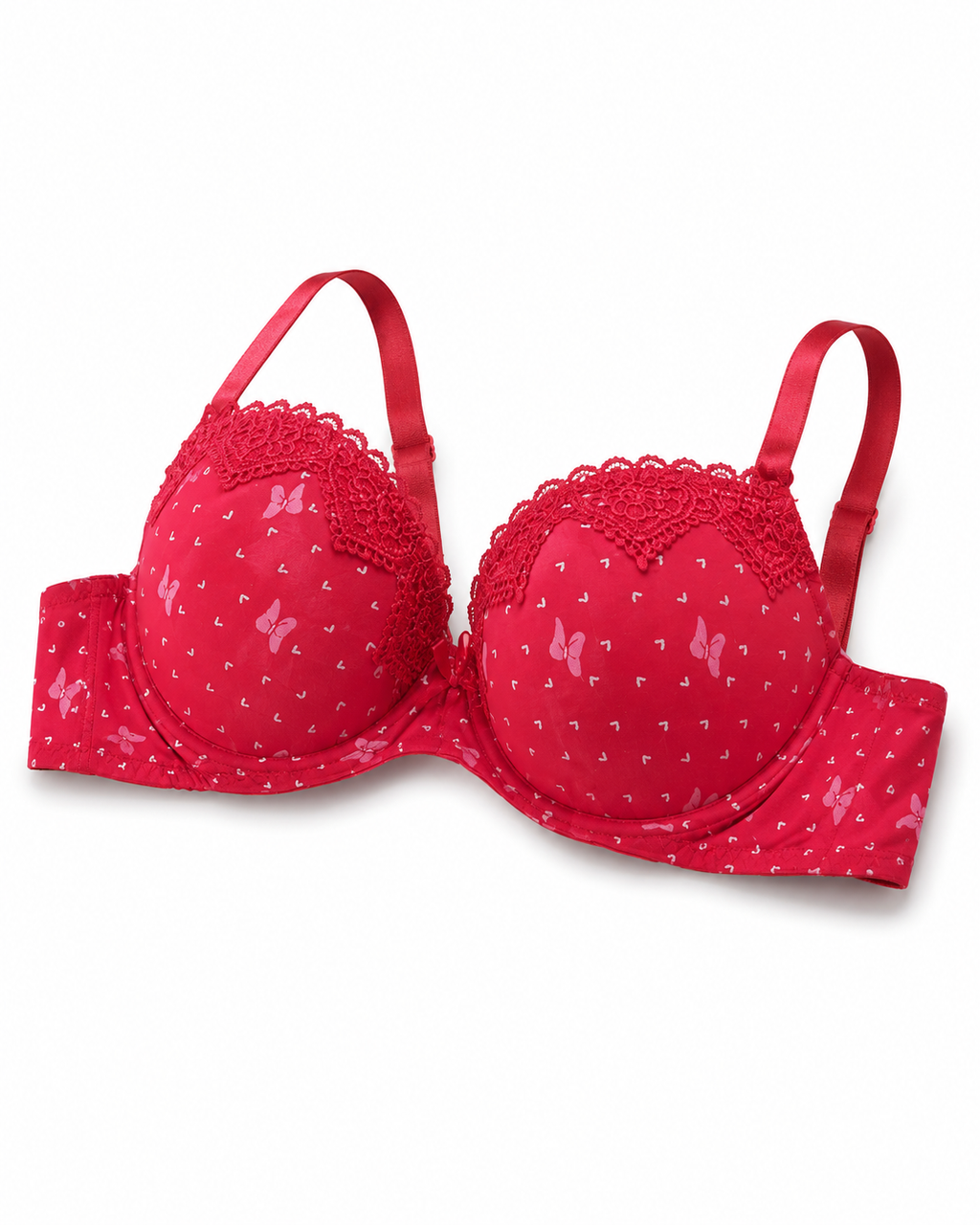 Padded Bra with Lace Detail, Butterfly Print, Adjustable Straps | Hook Back Closure, Lace Cup Trim, Butterfly Print Design, Daily Wear, Girls & Women – صورة 1