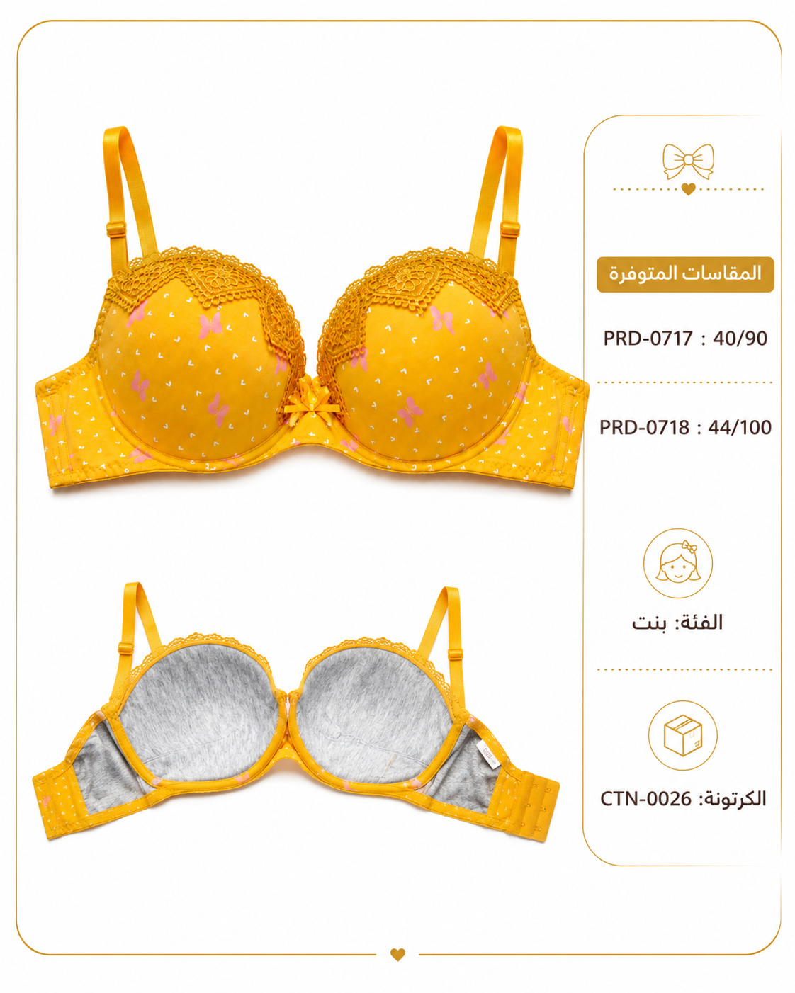 Padded Bra with Lace Detail, Butterfly Print, Adjustable Straps | Hook Back Closure, Lace Cup Trim, Butterfly Print Design, Daily Wear, Girls & Women – صورة 5