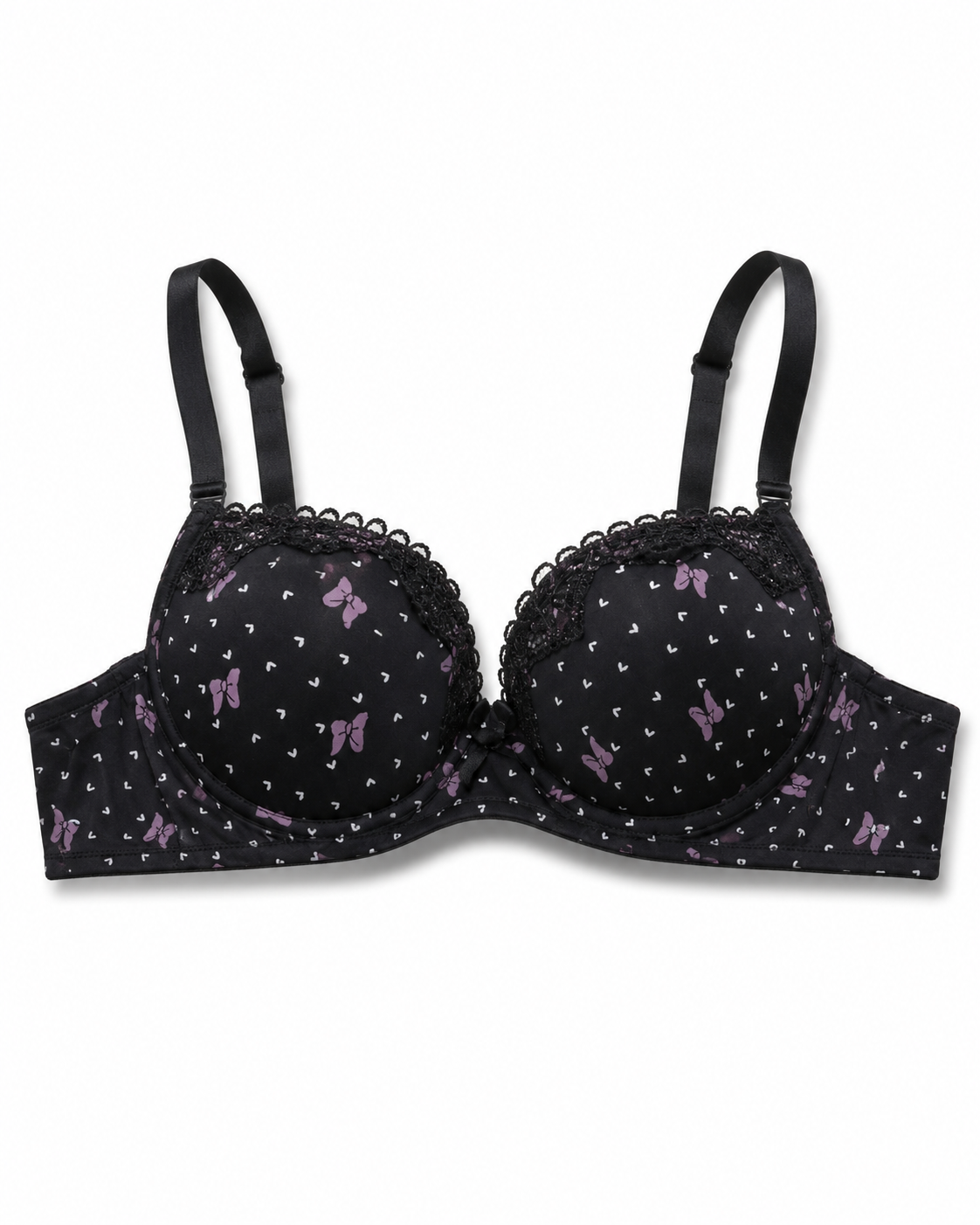 Padded Bra with Lace Detail, Butterfly Print, Adjustable Straps-42/95-black – صورة 2