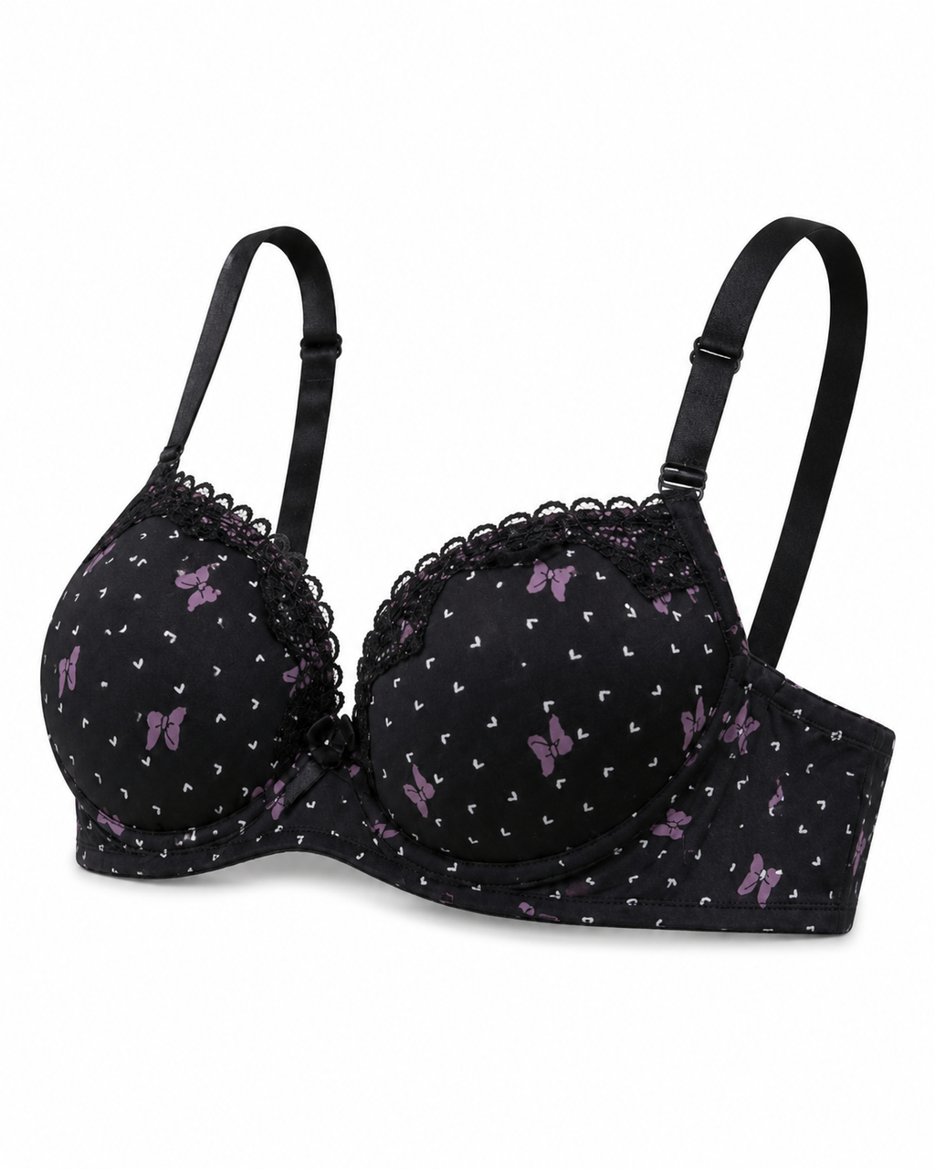 Padded Bra with Lace Detail, Butterfly Print, Adjustable Straps-42/95-black – صورة 5