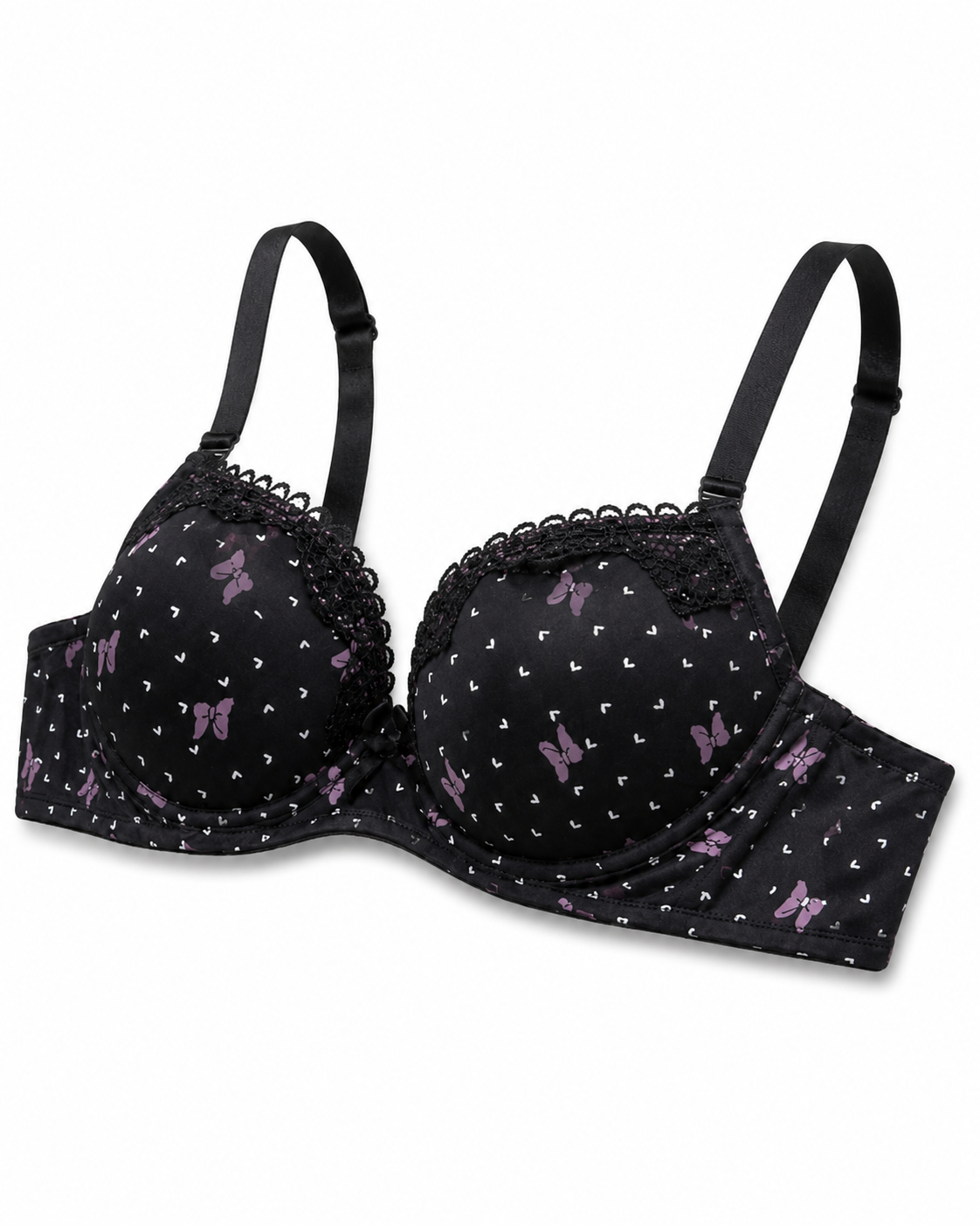 Padded Bra with Lace Detail, Butterfly Print, Adjustable Straps-40/90-black – صورة 1