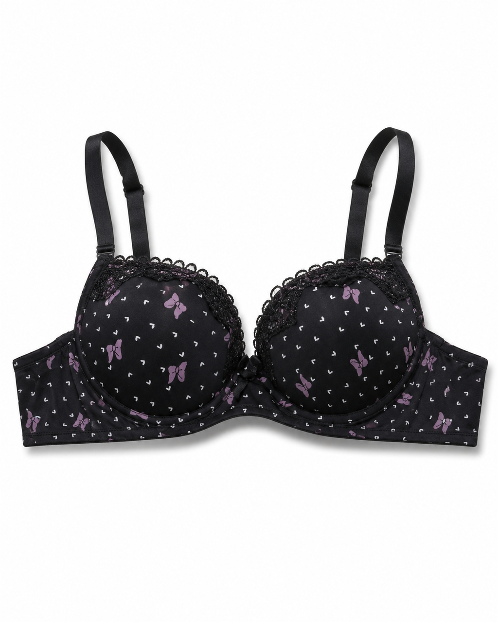 Padded Bra with Lace Detail, Butterfly Print, Adjustable Straps-40/90-black – صورة 2