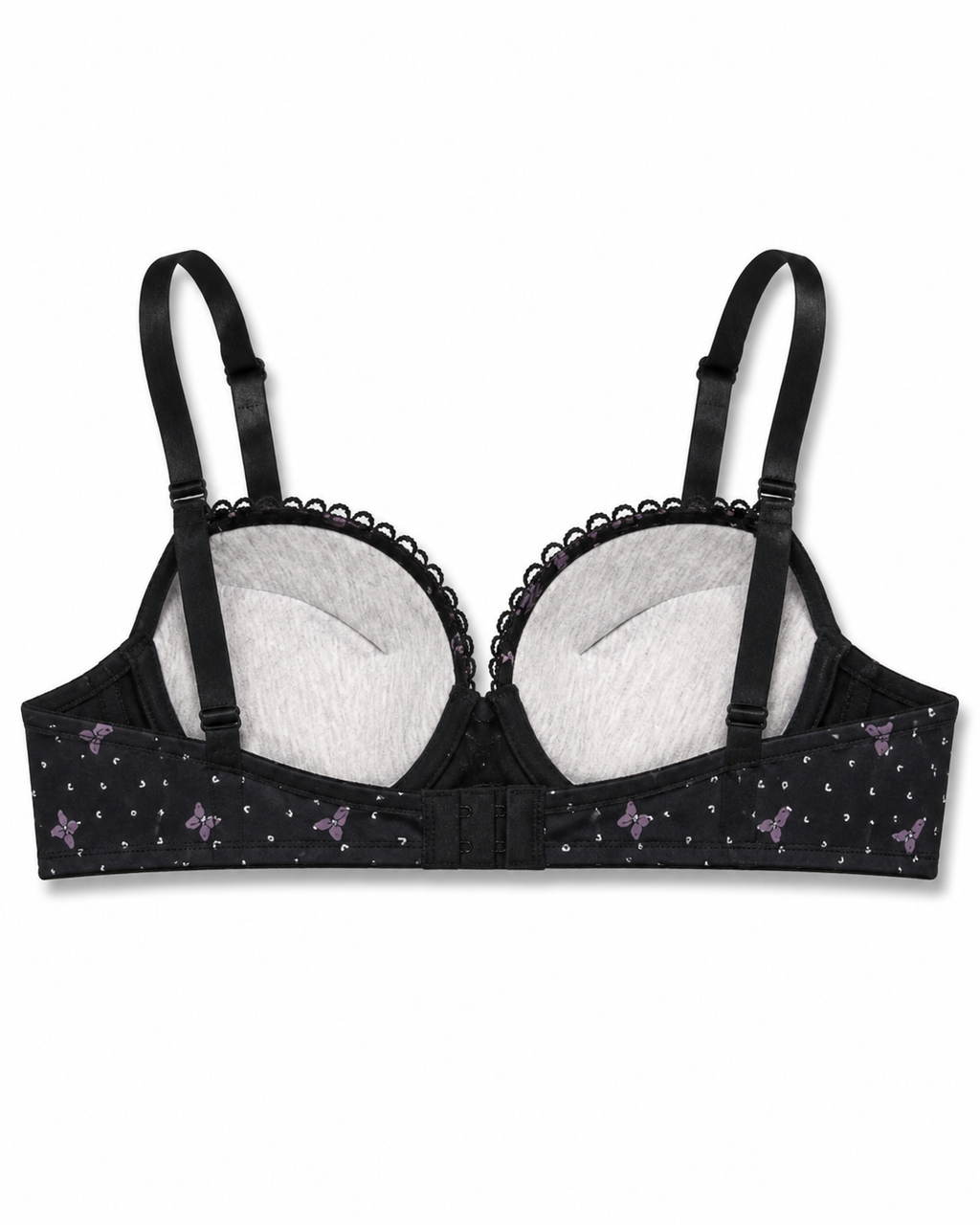 Padded Bra with Lace Detail, Butterfly Print, Adjustable Straps-40/90-black – صورة 4