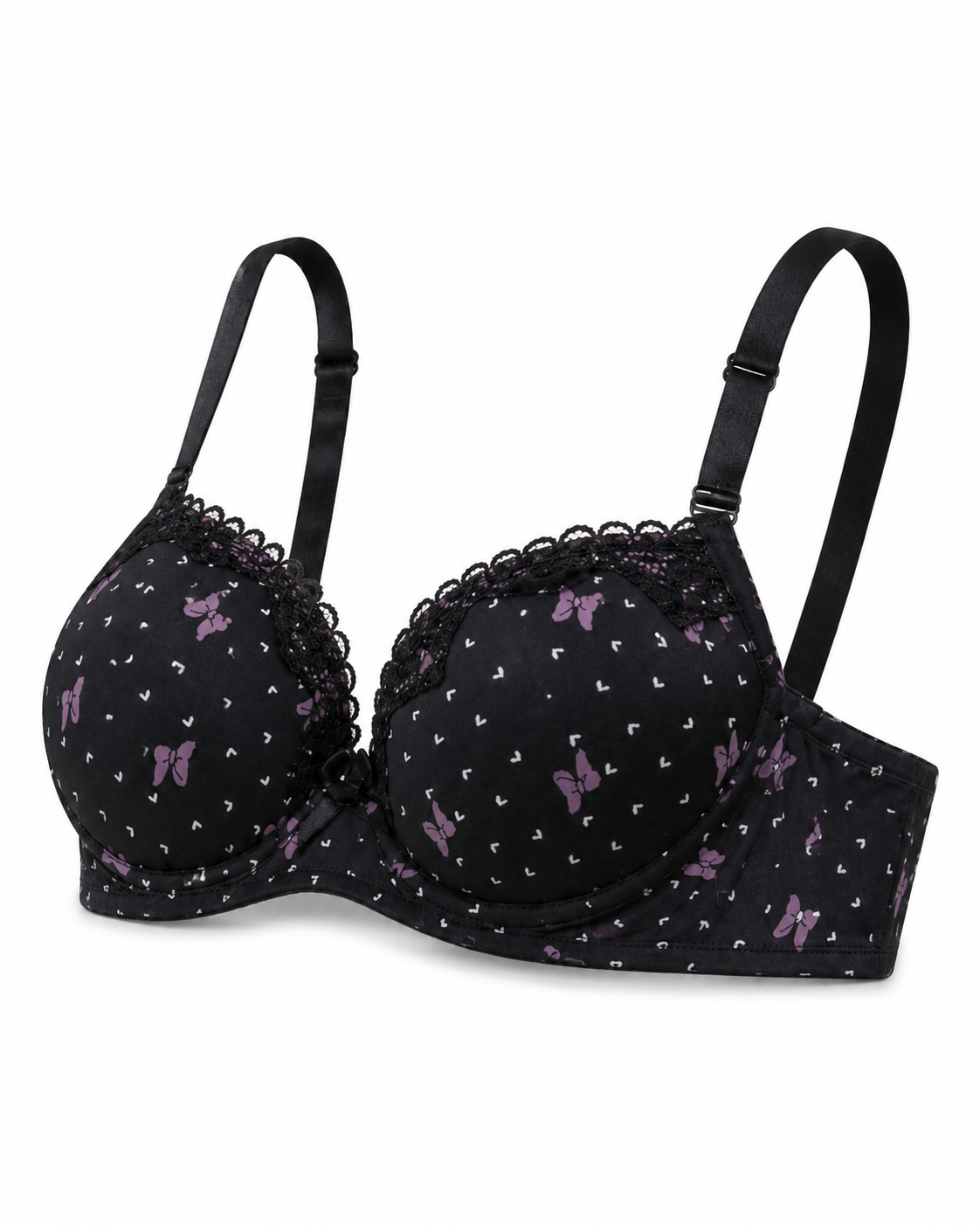 Padded Bra with Lace Detail, Butterfly Print, Adjustable Straps-40/90-black – صورة 5