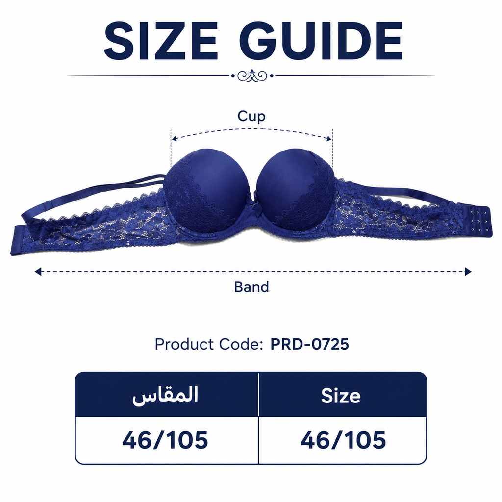 حمالة صدر بحشوة مبطنة بالدانتيل، لون أزرق، مقاس 46/105 | دانتيل زهري أنيق, حمالات قابلة للتعديل, إغلاق خلفي بثلاثة خطافات, تصميم نصف كوب, قوس داعم – صورة 2