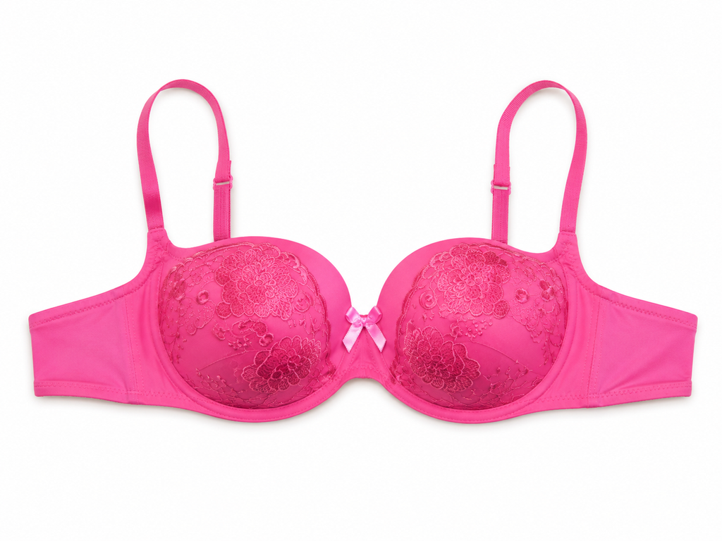 Women's Padded Balconette Bra with Floral Lace & Bow Detail | Adjustable Straps, Daily Wear, Soft Padded Cup, Hot Pink / Fuchsia, Feminine Design – صورة 3
