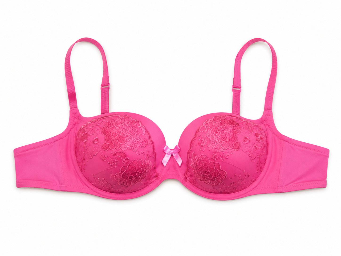 Women's Padded Balconette Bra with Floral Lace & Bow Detail | Adjustable Straps, Daily Wear, Soft Padded Cup, Hot Pink / Fuchsia, Feminine Design – صورة 3