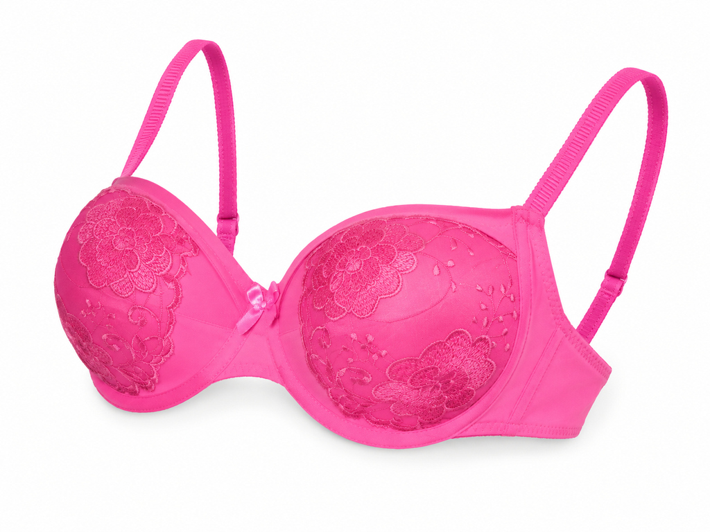 Women's Padded Balconette Bra with Floral Lace & Bow Detail | Adjustable Straps, Daily Wear, Soft Padded Cup, Hot Pink / Fuchsia, Feminine Design – صورة 4