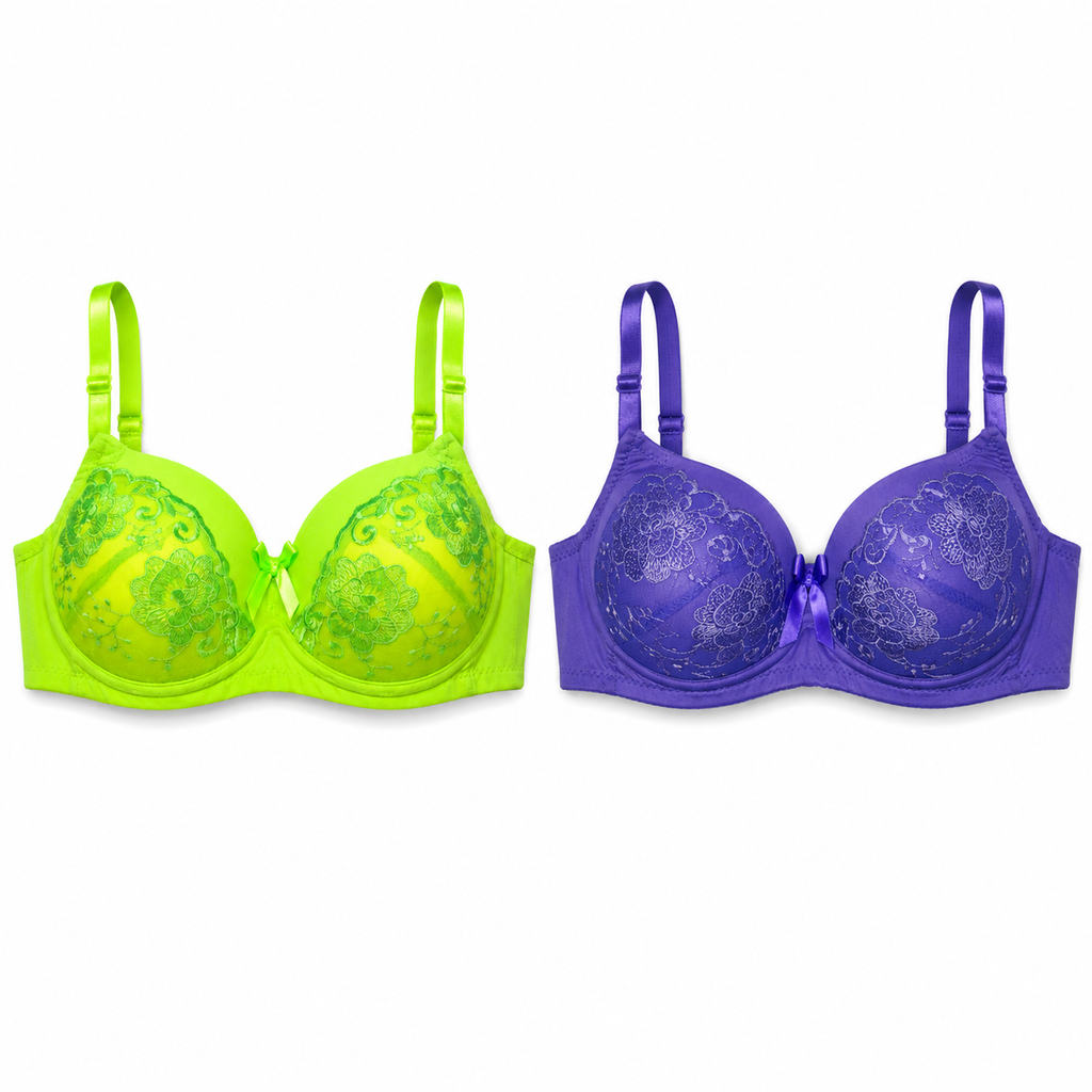Women's Embroidered Push-Up Bra with Floral Lace, Pack of 2 | Adjustable Straps, Daily Wear, Vibrant Colours, Feminine Bow Detail, Comfortable Fit – صورة 1