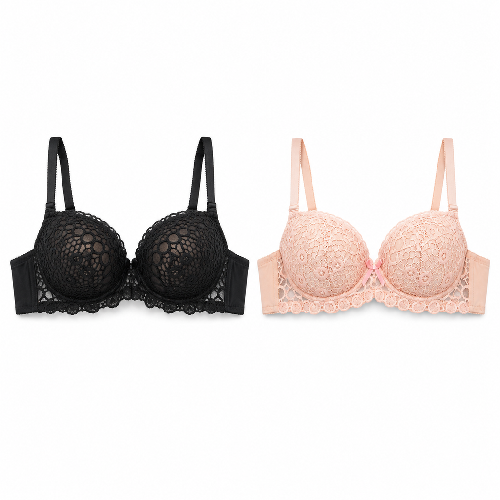 Women's Padded Lace Bra 2-Pack Black & Beige | Adjustable Straps, Back Hook Closure, Daily Wear, Floral Lace Design, 2 Colours Included – صورة 1