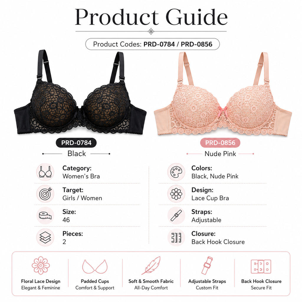 Women's Padded Lace Bra 2-Pack Black & Beige | Adjustable Straps, Back Hook Closure, Daily Wear, Floral Lace Design, 2 Colours Included – صورة 2