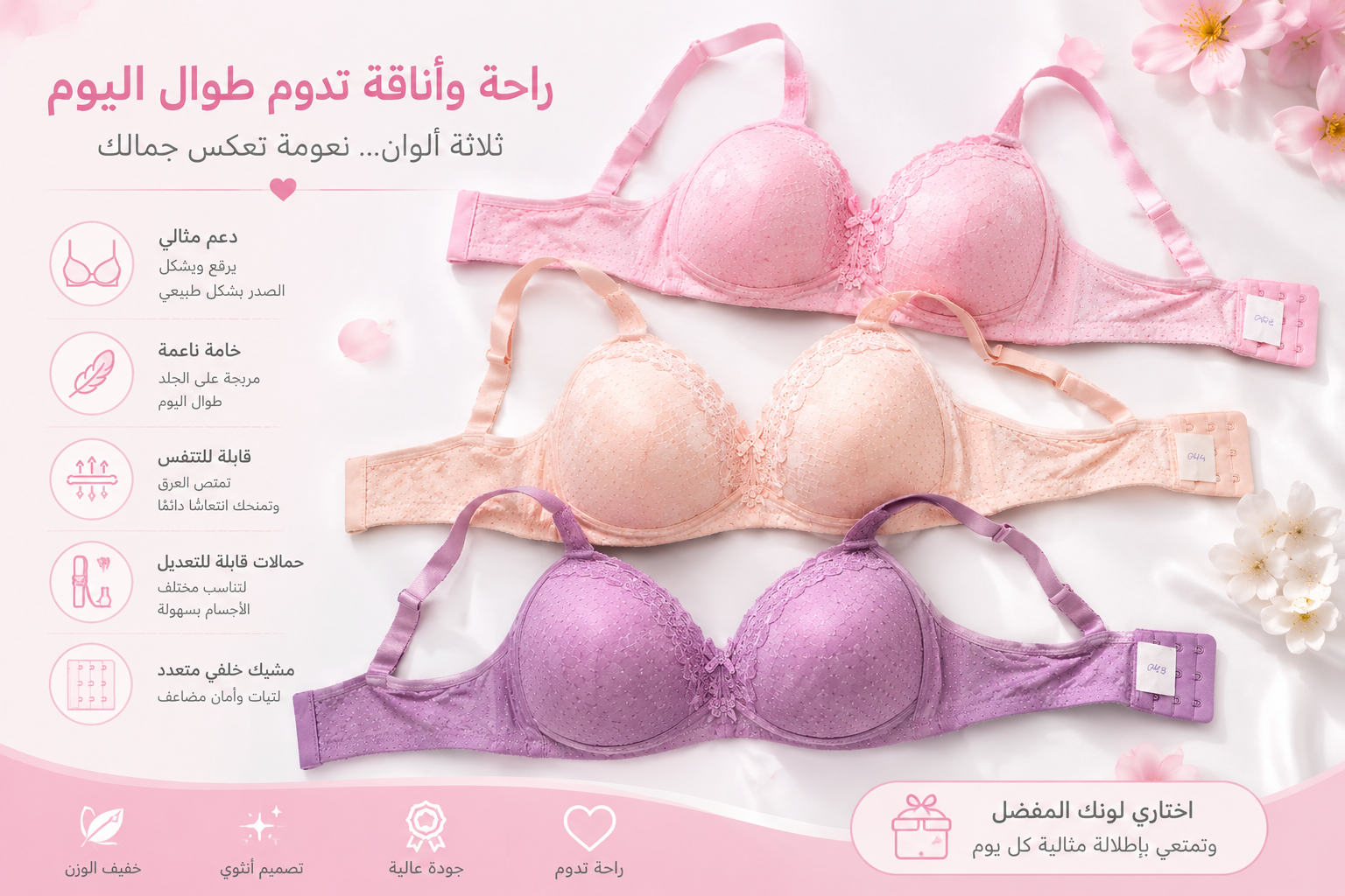 طقم حمالات صدر نسائية 3 قطع مقاس 54 بكاسات مبطنة | حمالات قابلة للتعديل, إغلاق خلفي متعدد الخطافات, خامة ناعمة مريحة, 3 ألوان متنوعة, مناسبة للاستخدام اليومي – صورة 7