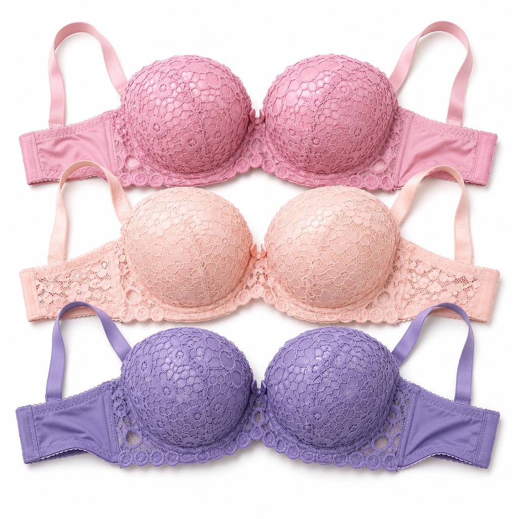 Women's Padded Lace Bra with Adjustable Straps, Pack of 3 | Floral Lace Design, Back Hook Closure, Everyday Wear, Soft & Comfortable, 3 Colours Included – صورة 1