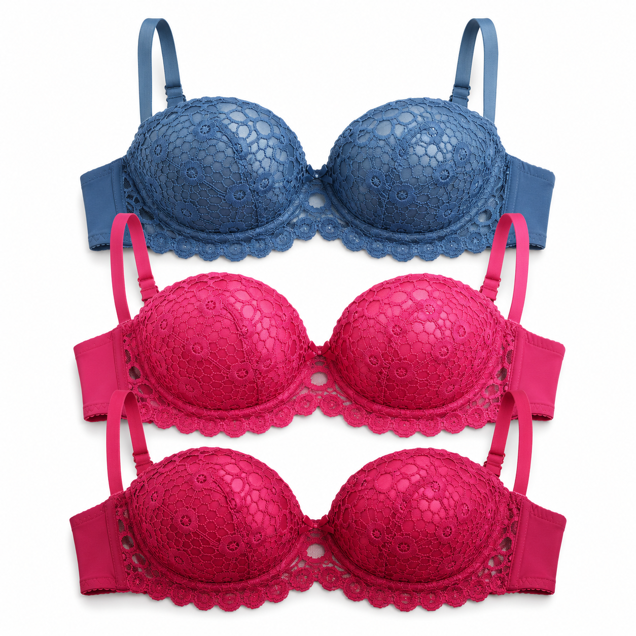 Women's Padded Lace Bra with Adjustable Straps, 3 Colours-Size 42 | Floral Lace Design, Back Closure, Daily Wear, Underwired Support, Scalloped Trim – صورة 2