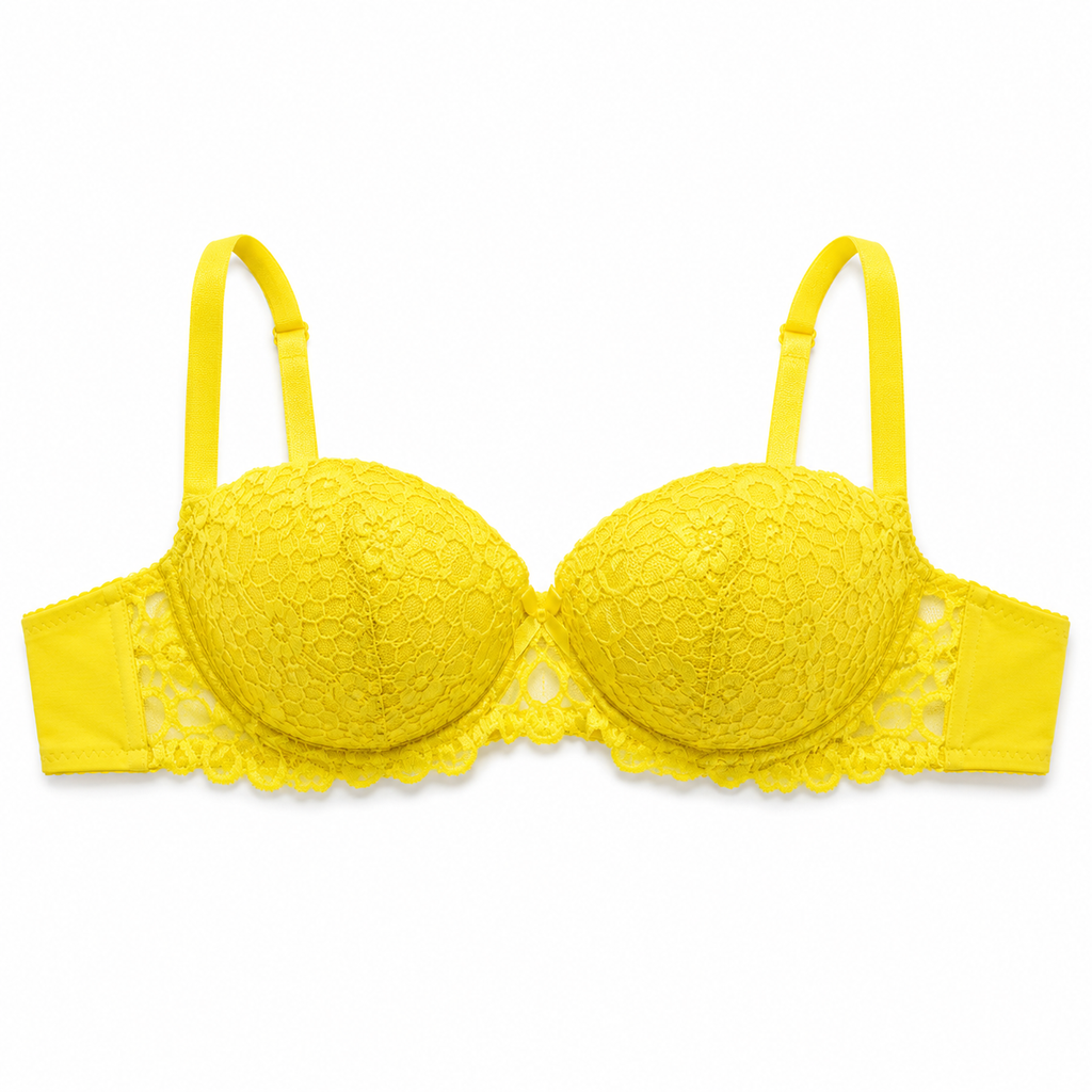 Yellow Lace Padded Bra with Adjustable Straps, Size 40 | Floral Lace Design, Back Closure, Padded Cups, Daily Wear, Women's Lingerie – صورة 3