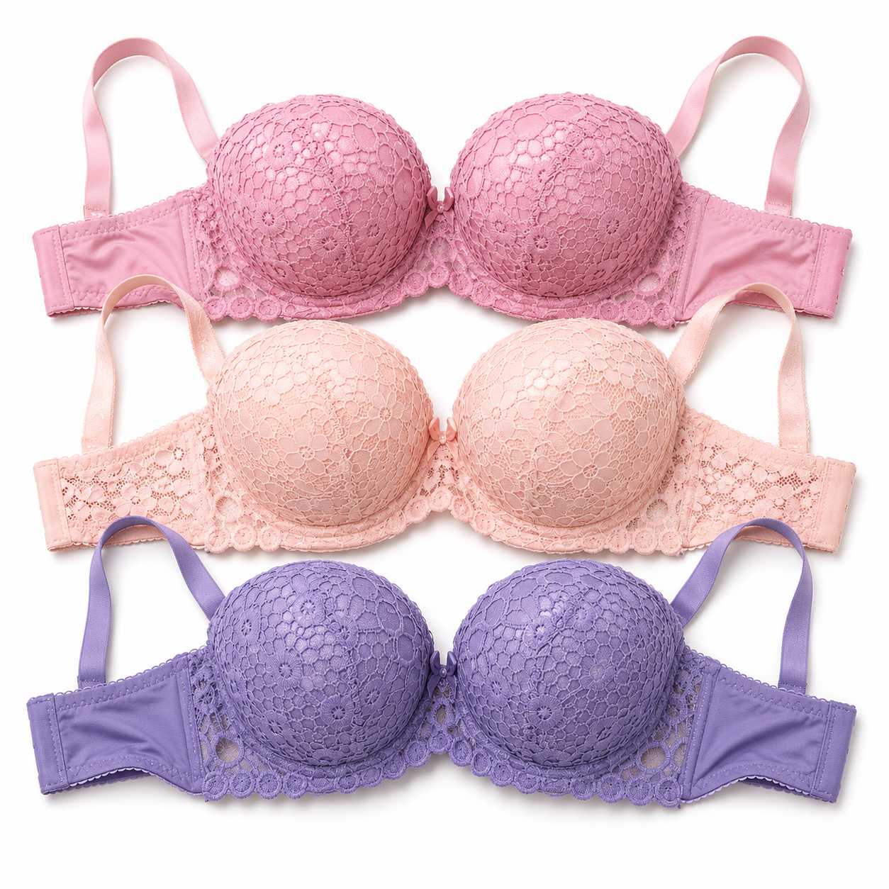 Women's Padded Lace Bra with Adjustable Straps, Pack of 3 | Floral Lace Design, Back Hook Closure, Everyday Wear, Soft & Comfortable, 3 Colours Included – صورة 1