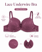 Women's Push-Up Lace Bra Dusty Pink with Adjustable Straps | Padded Cups, Floral Lace Design, Multi-Hook Back Closure, Lightweight Fabric, Size 50 – صورة 4