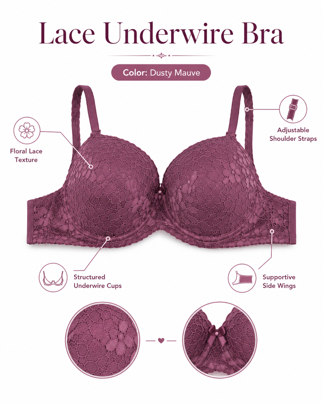 Women's Push-Up Lace Bra Dusty Pink with Adjustable Straps | Padded Cups, Floral Lace Design, Multi-Hook Back Closure, Lightweight Fabric, Size 50 – صورة 4