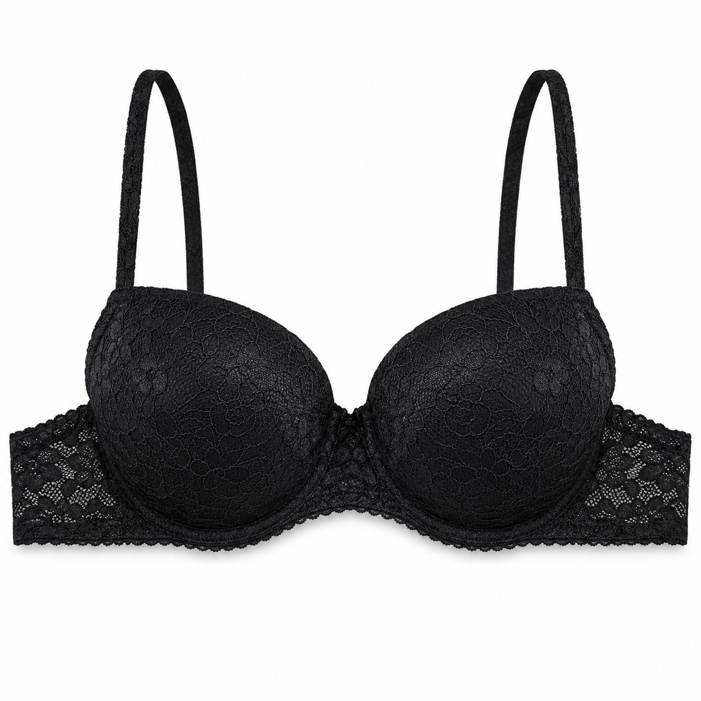 Women's Padded Lace Bra with Adjustable Straps & Back Hook-Size 44 | 2-Pack Set, Beige & Black, Floral Lace Design, Daily Wear, Front Closure – صورة 2