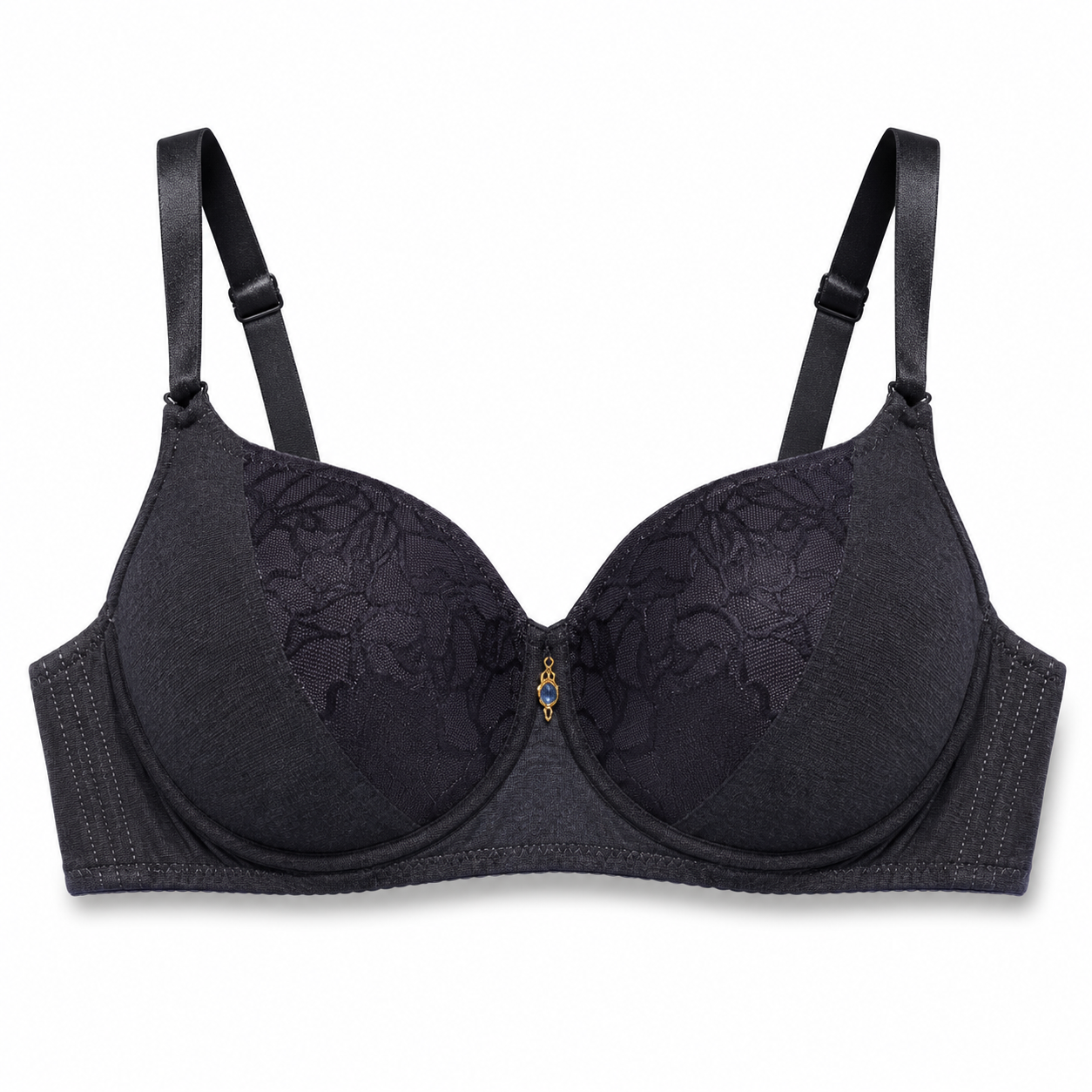 Women's Padded Bra Black with Lace Detail & Adjustable Straps-Size 58 | Back Hook Closure, Daily Weaar, Floral Lace Cups, Classic Black, Size 58 – صورة 3