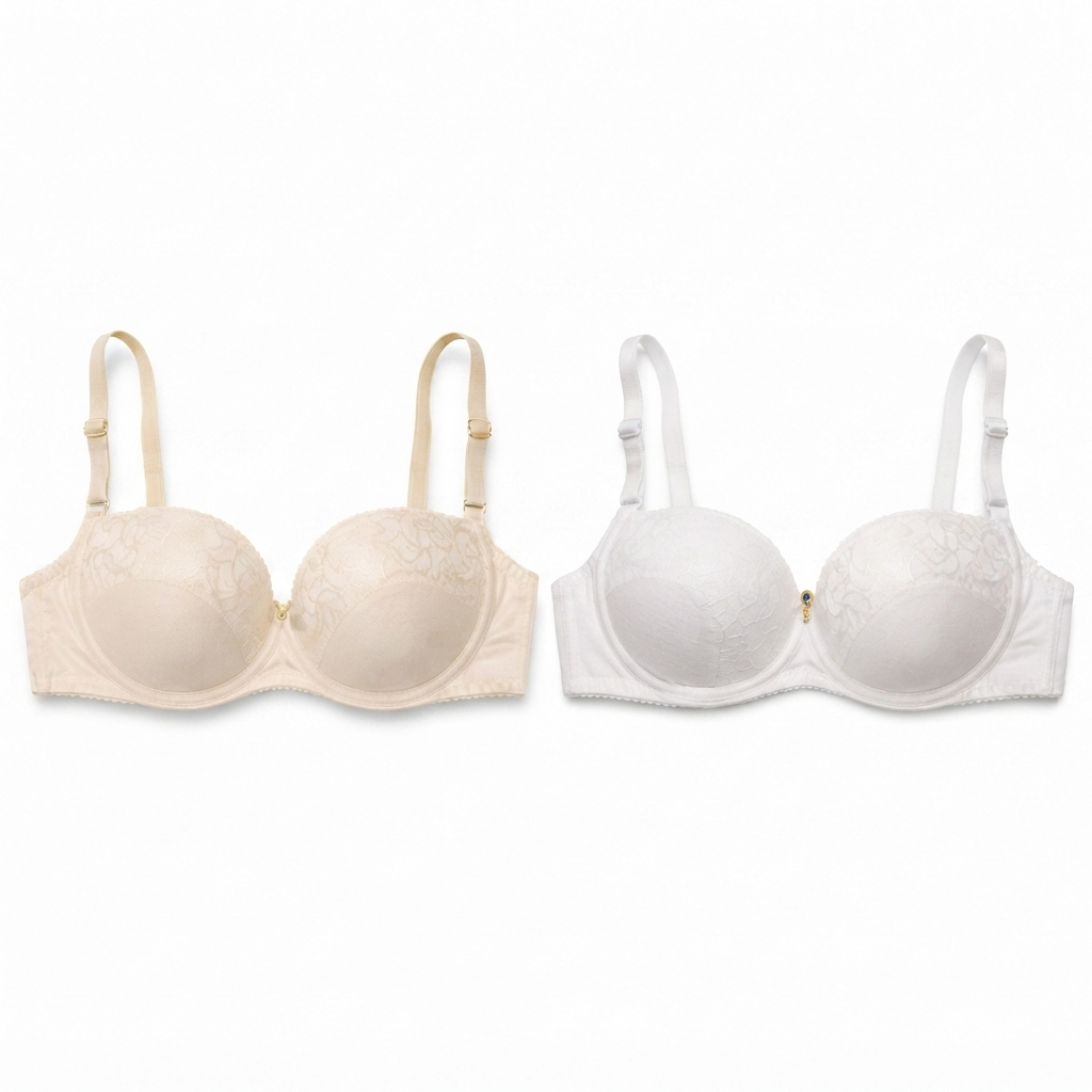 Women's Padded Balconette Bra with Adjustable Straps, 2-Pack | Lace Detail Cups, Back Closure, Nude & White, All-Day Comfort, Daily Wear-52 – صورة 1