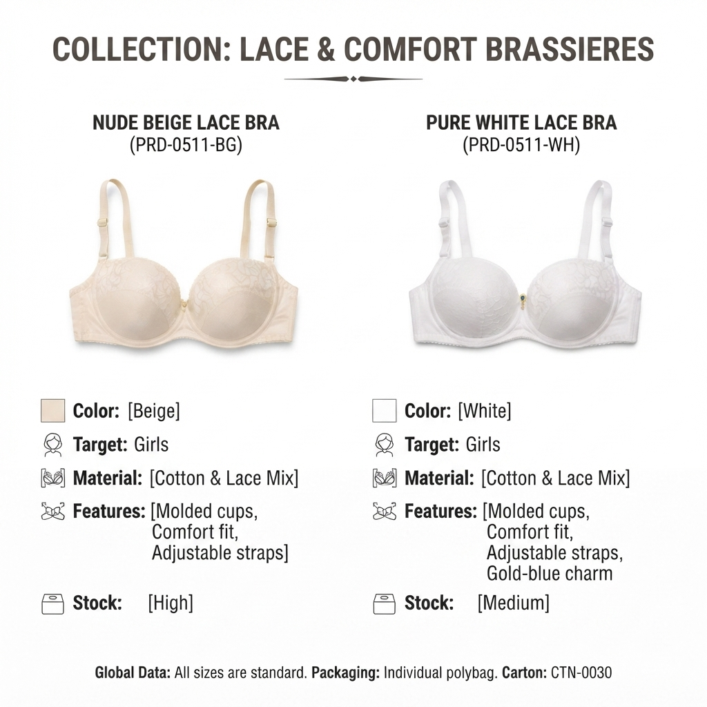 Women's Padded Balconette Bra with Adjustable Straps, 2-Pack | Lace Detail Cups, Back Closure, Nude & White, All-Day Comfort, Daily Wear-52 – صورة 1