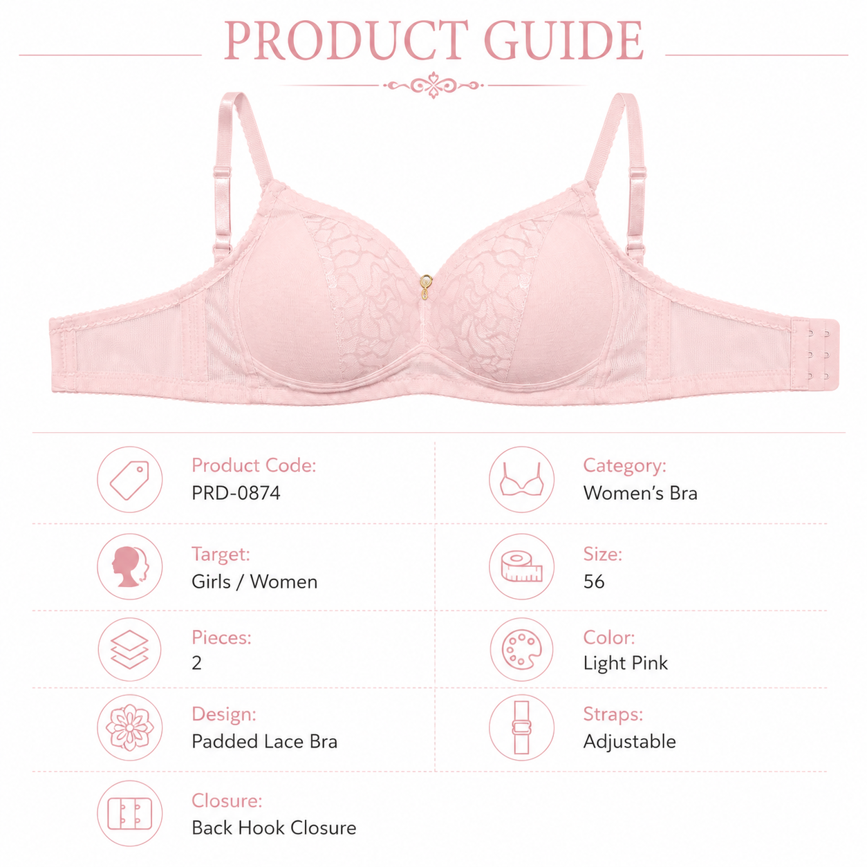 Women's Padded Lace Bra in Light Pink with Adjustable Straps-Size 56 | Floral Lace Detail, Back Closure, Daily Wear, Soft & Comfortable, Underwired Support – صورة 1