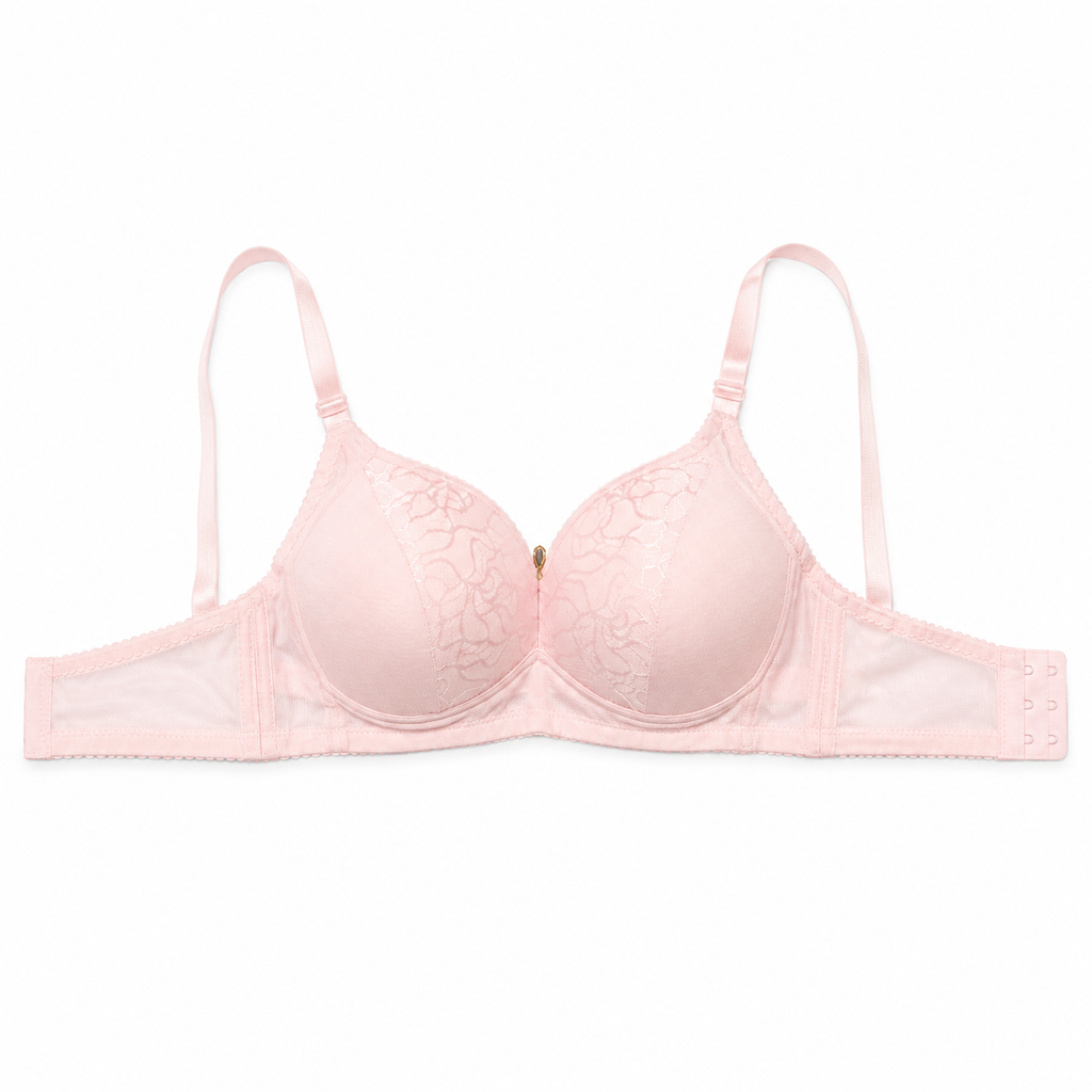 Women's Padded Lace Bra in Light Pink with Adjustable Straps-Size 56 | Floral Lace Detail, Back Closure, Daily Wear, Soft & Comfortable, Underwired Support – صورة 2