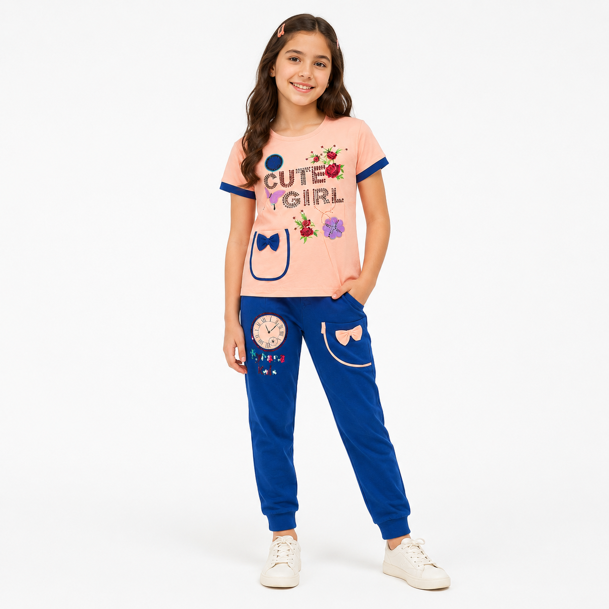 طقم بنات قميص وبنطلون، مقاس 10-16 سنة، خوخي وأزرق | قطن مريح, تصميم Cute Girl, للأعمار 10-16 سنة, قميص وبنطلون, فيونكة زخرفية – صورة 1