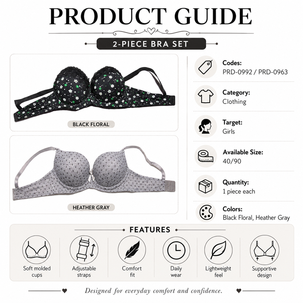 Girls' Push-Up Bra 2-Pack Size 40/90, Black Floral & Grey-Size 40 | Padded Cups, Lace Trim Detail, Adjustable Straps, Daily Wear, Printed Design – صورة 1