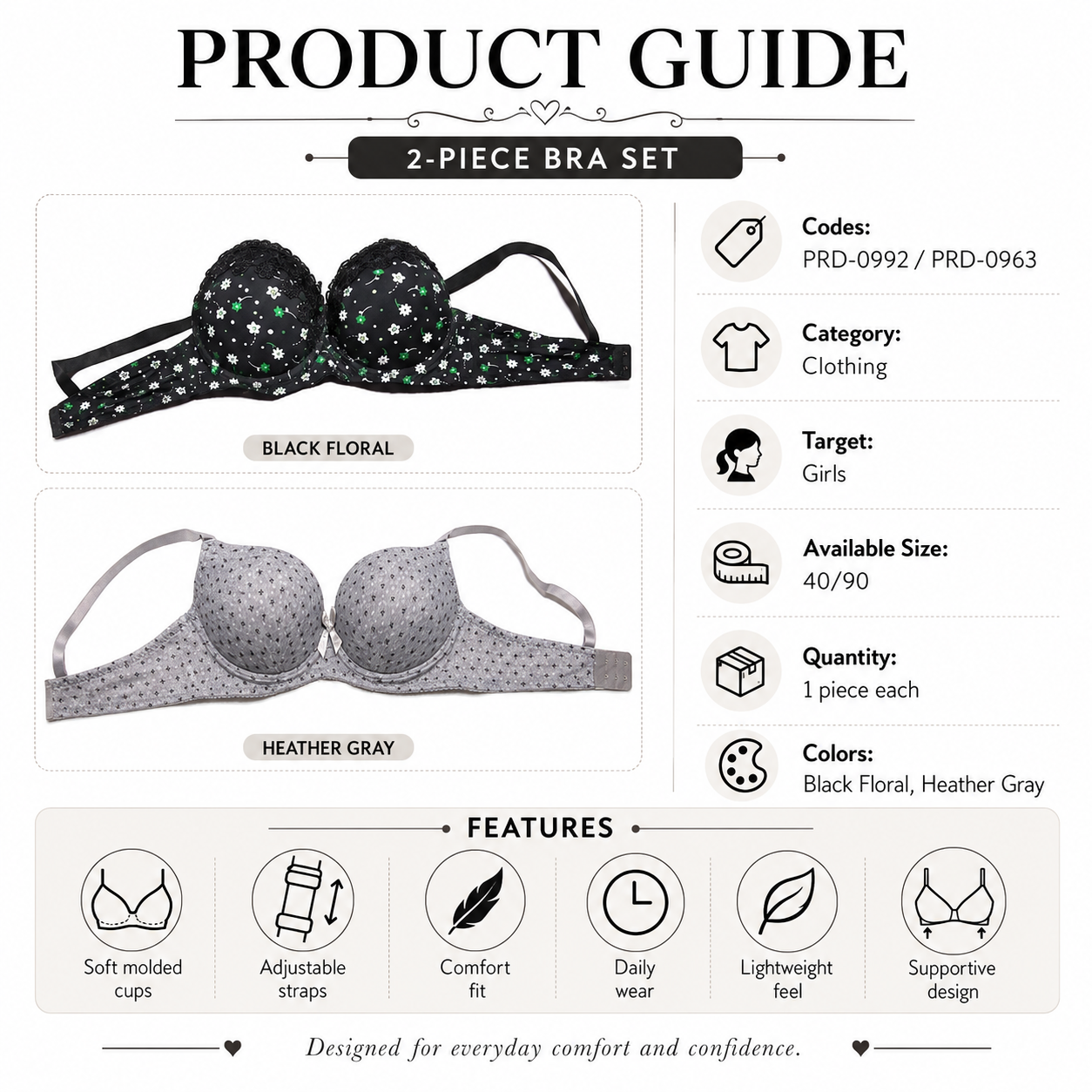 Girls' Push-Up Bra 2-Pack Size 40/90, Black Floral & Grey-Size 40 | Padded Cups, Lace Trim Detail, Adjustable Straps, Daily Wear, Printed Design – صورة 1