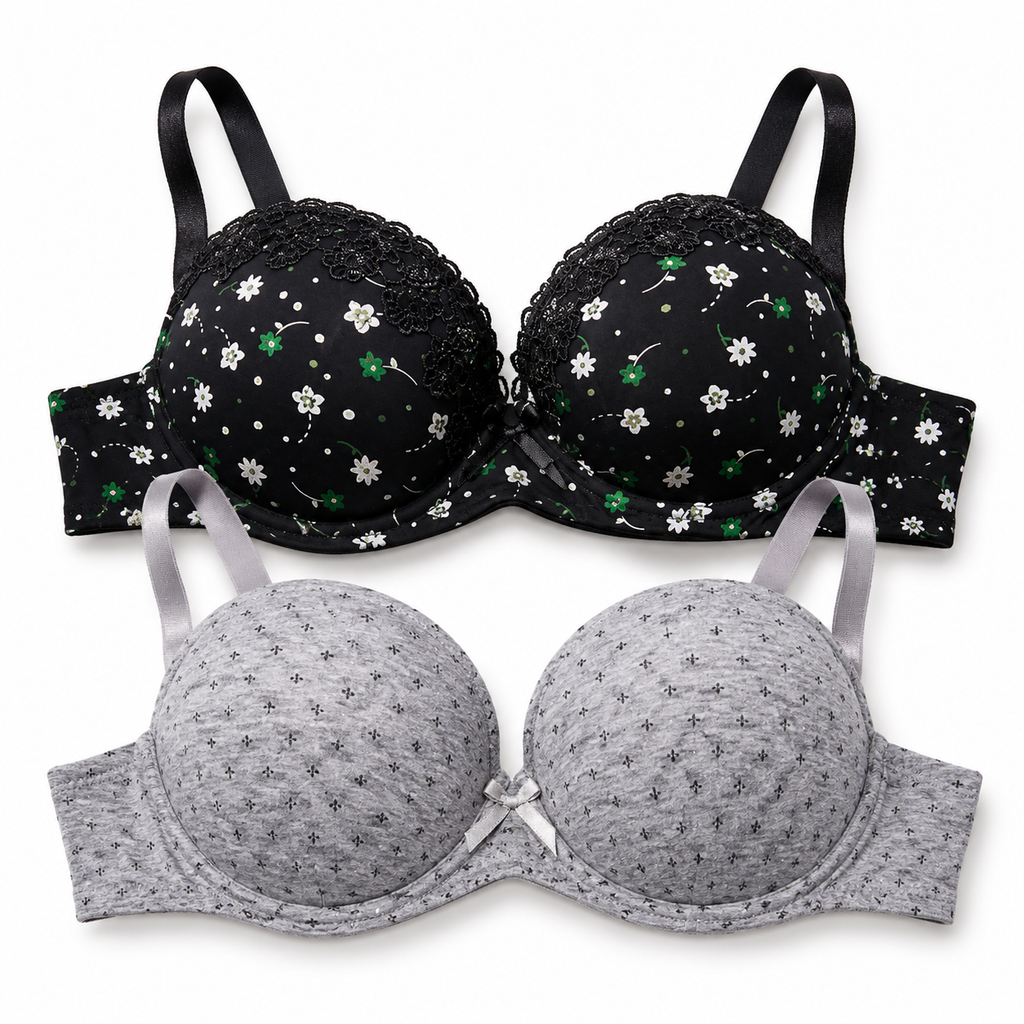 Girls' Push-Up Bra 2-Pack Size 40/90, Black Floral & Grey-Size 40 | Padded Cups, Lace Trim Detail, Adjustable Straps, Daily Wear, Printed Design – صورة 3