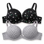 Girls' Push-Up Bra 2-Pack Size 40/90, Black Floral & Grey-Size 40 | Padded Cups, Lace Trim Detail, Adjustable Straps, Daily Wear, Printed Design – صورة 3