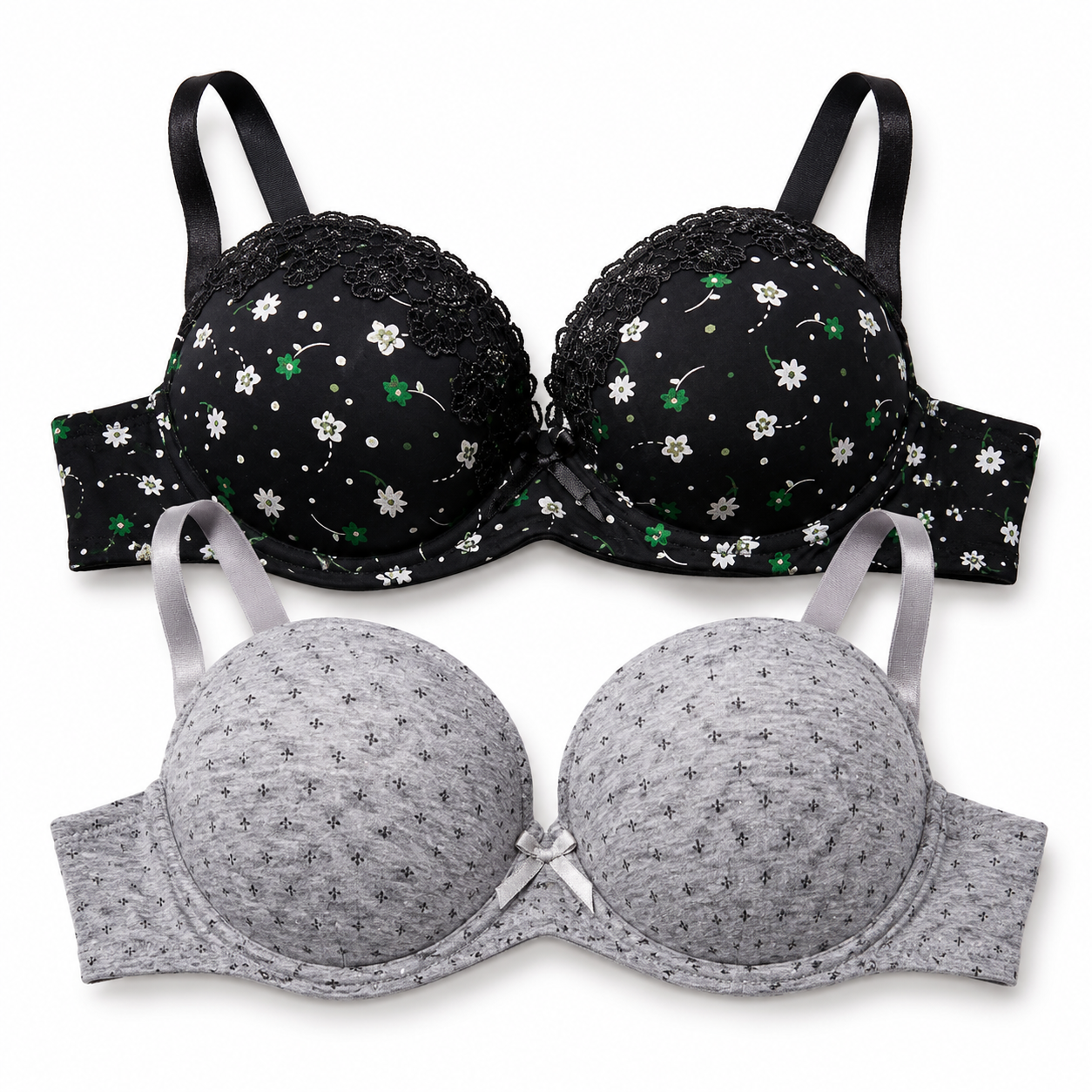 Girls' Push-Up Bra 2-Pack Size 40/90, Black Floral & Grey-Size 40 | Padded Cups, Lace Trim Detail, Adjustable Straps, Daily Wear, Printed Design – صورة 3