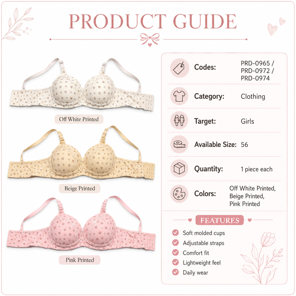 Girls Padded Bra 3-Pack Size 56 Printed Daily Wear | Off White, Beige & Pink, Adjustable Straps, Back Closure, Soft Padded Cups, Floral Print Design – صورة 2