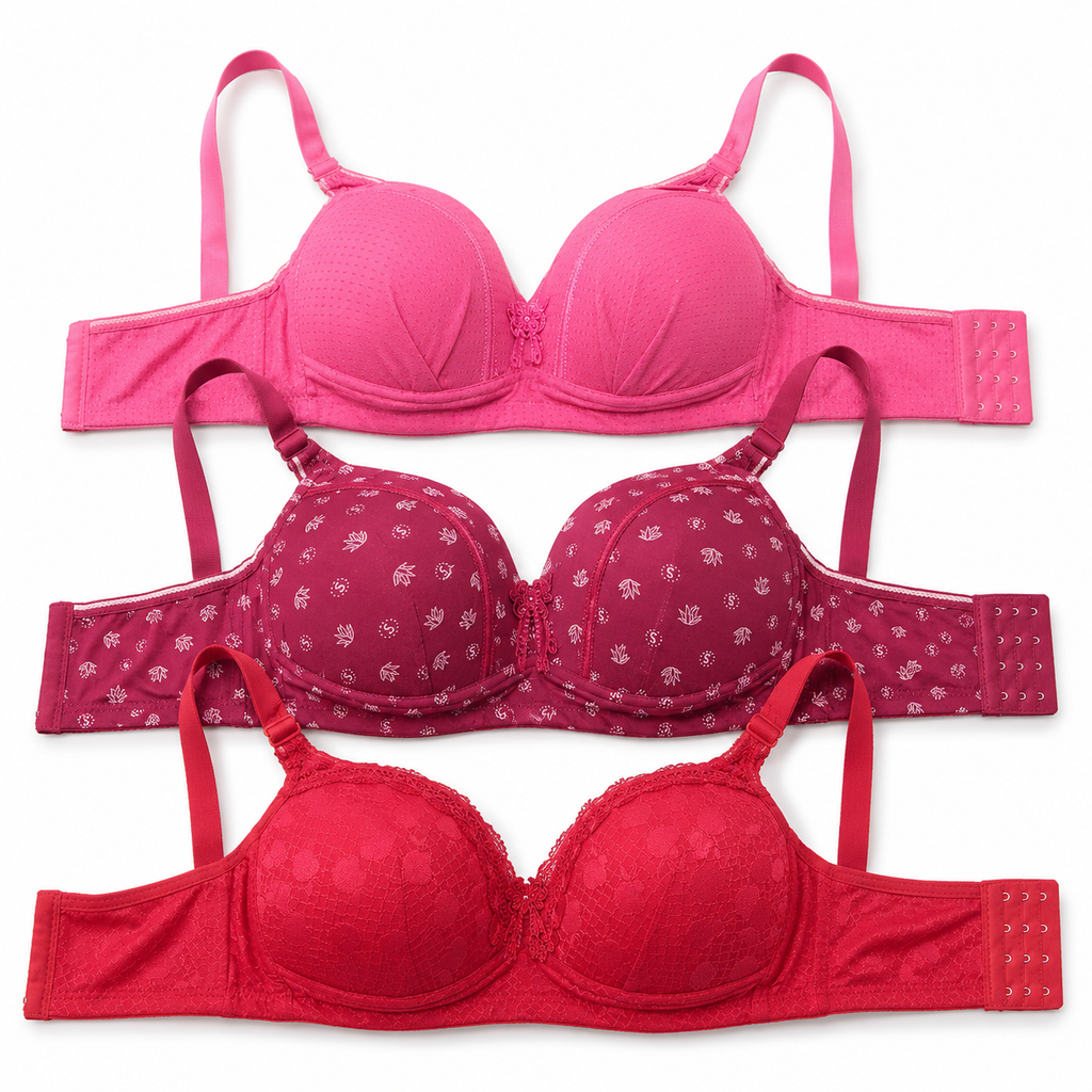 Women's Padded Bra Set of 3, Pink, Printed & Red-Size58 | Adjustable Straps, Multi-Hook Back Closure, Daily Wear, Varied Designs, Soft Fabric – صورة 3
