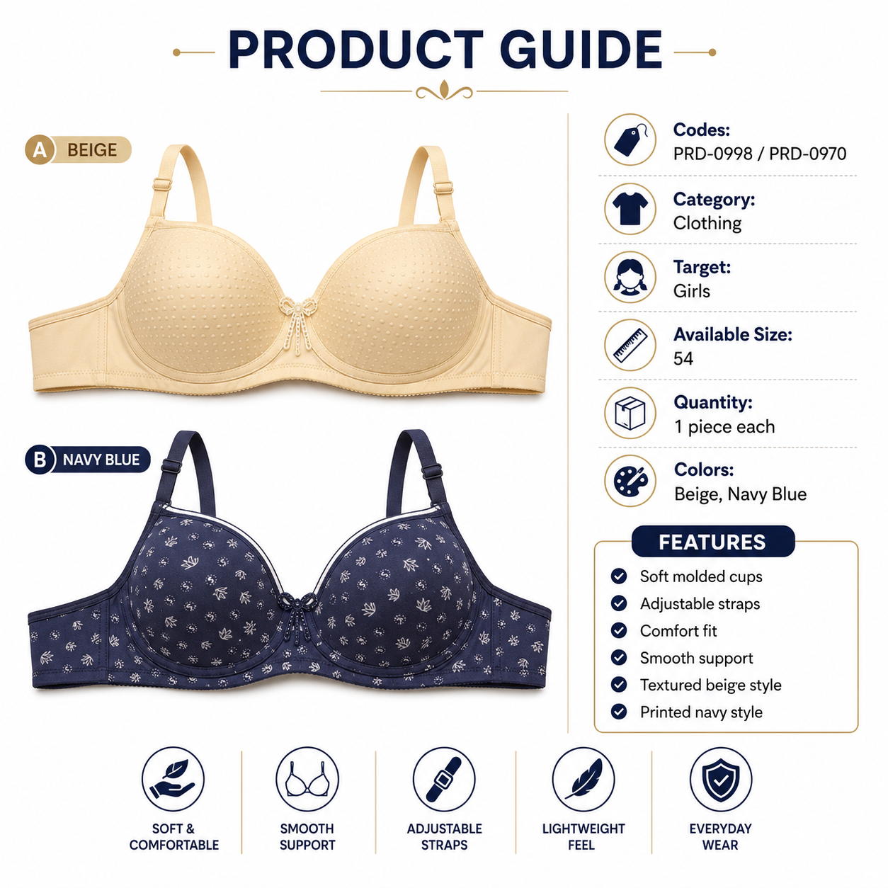 Girls' Padded Bra 2-Pack Size 54 Beige & Navy Blue | Adjustable Straps, Dotted Texture, Floral Print, Daily Wear, Soft Padding – صورة 4