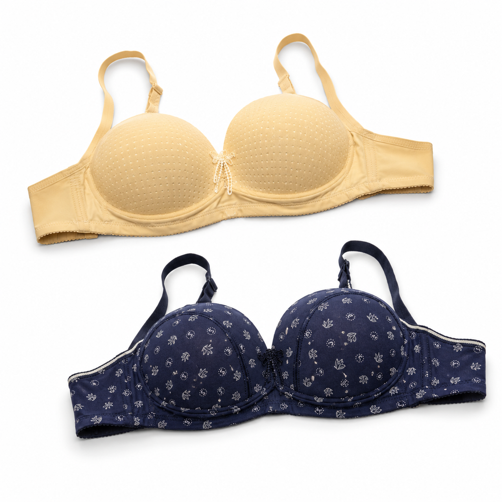 Girls' Padded Bra 2-Pack Size 54 Beige & Navy Blue | Adjustable Straps, Dotted Texture, Floral Print, Daily Wear, Soft Padding – صورة 5