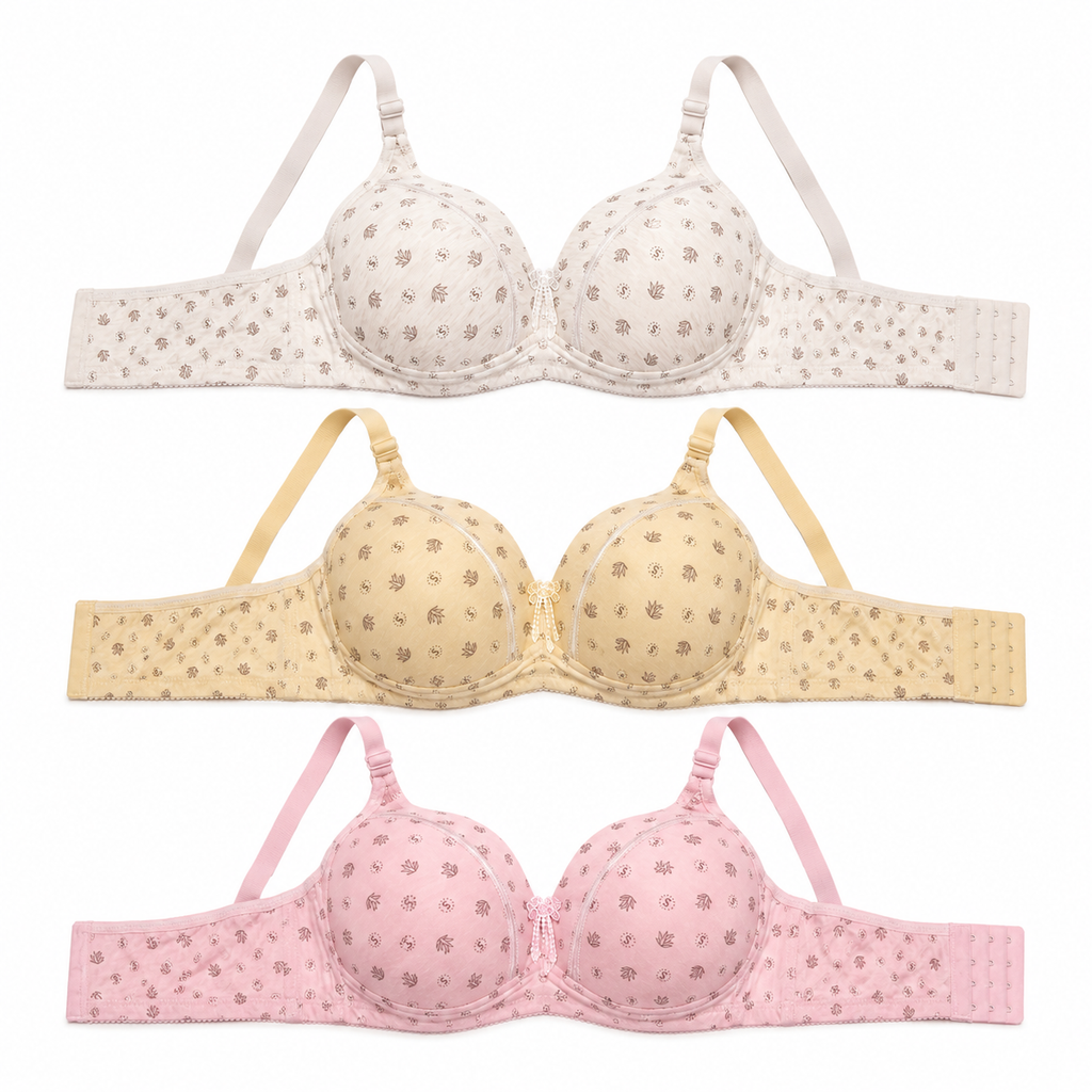 Girls Padded Bra 3-Pack Size 56 Printed Daily Wear | Off White, Beige & Pink, Adjustable Straps, Back Closure, Soft Padded Cups, Floral Print Design – صورة 7