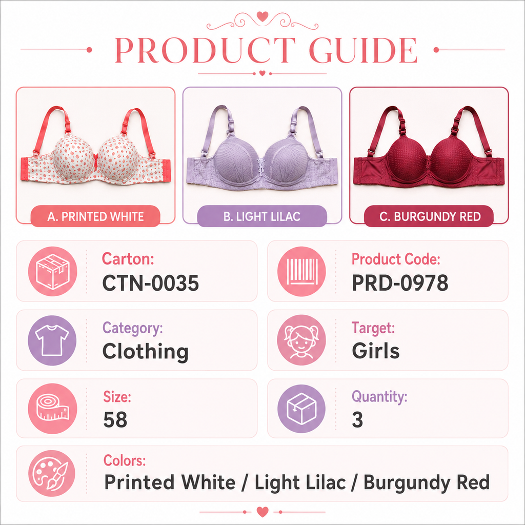3-Pack Padded Bras Set, Printed White, Light Lilac & Burgundy Red-Size 58 | Adjustable Straps, Multi-Hook Back Closure, Daily Wear, Varied Colours, Soft Fabric – صورة 1