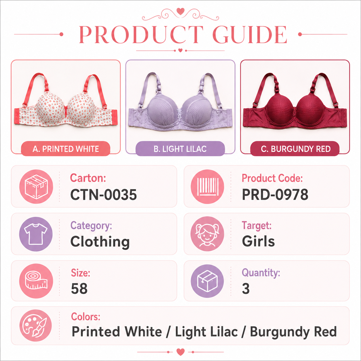3-Pack Padded Bras Set, Printed White, Light Lilac & Burgundy Red-Size 58 | Adjustable Straps, Multi-Hook Back Closure, Daily Wear, Varied Colours, Soft Fabric – صورة 1